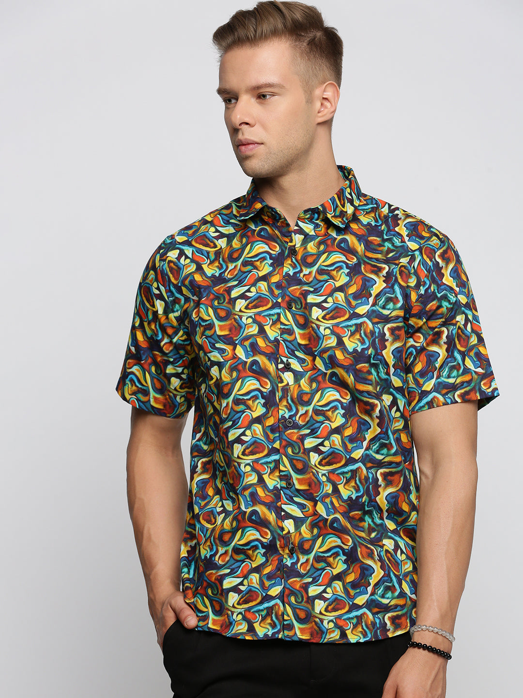 Men Brown Spread Collar Abstract Shirt