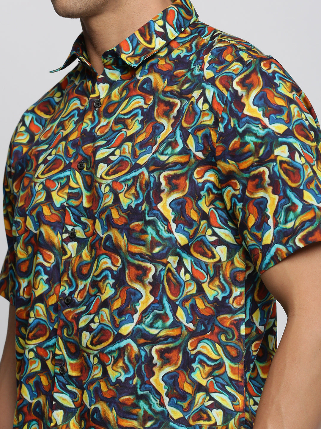 Men Brown Spread Collar Abstract Shirt