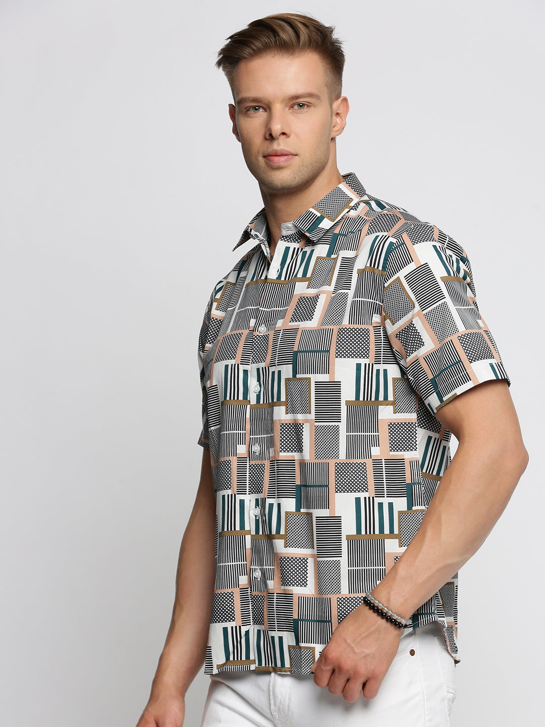 Men Grey Spread Collar Geometric Shirt