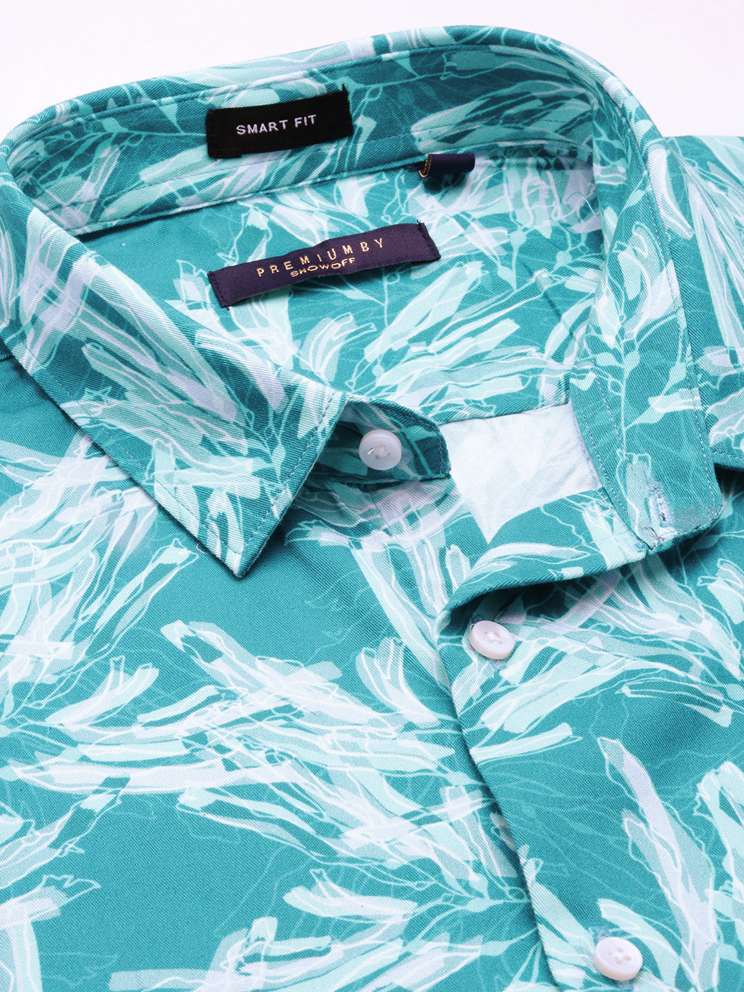 Men Turquoise Blue Spread Collar Abstract Shirt