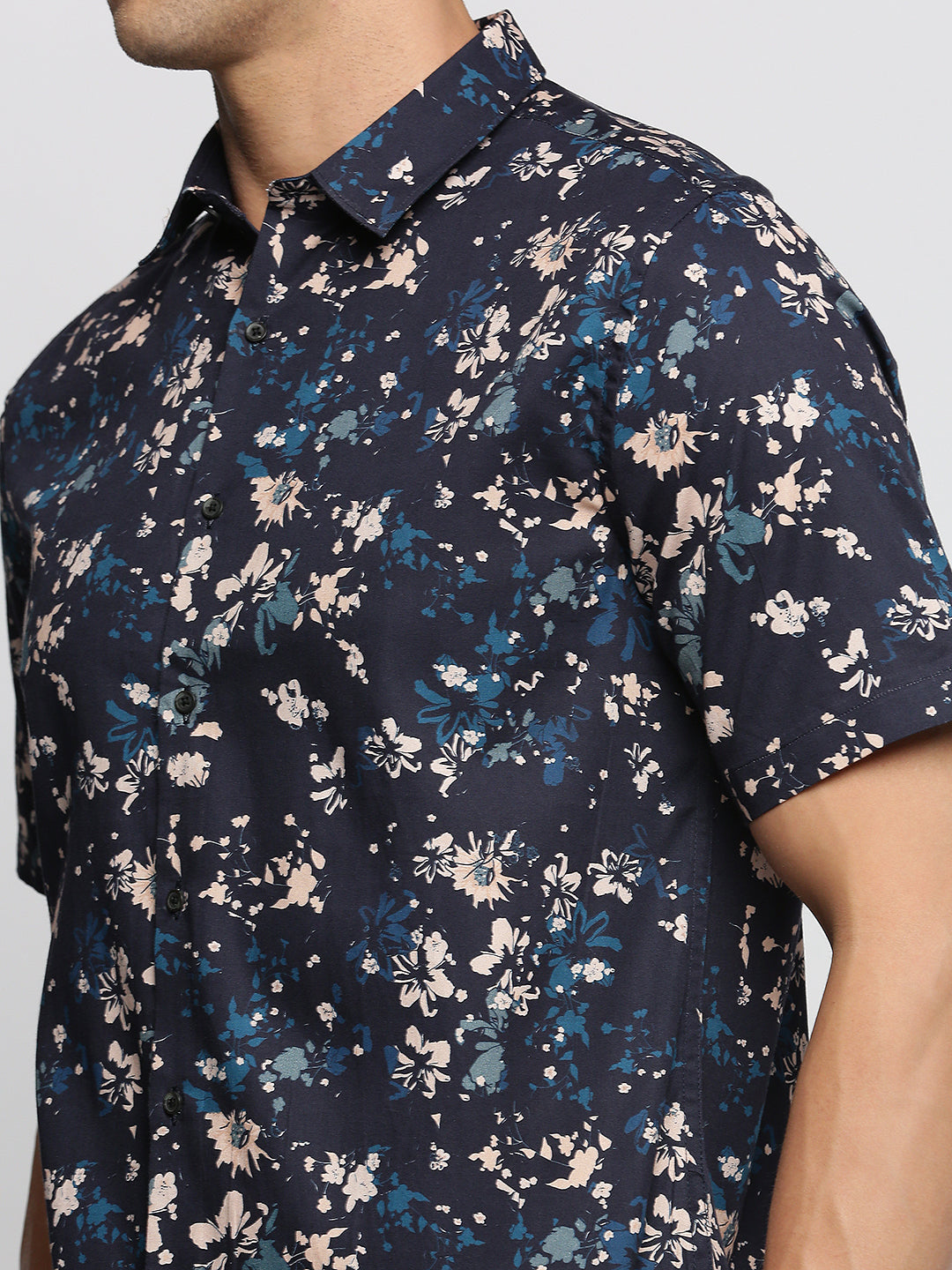 Men Navy Blue Spread Collar Floral Shirt