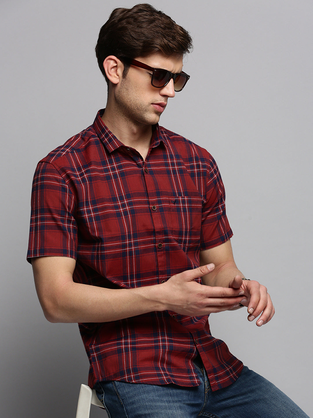 Men Maroon Checked Casual Shirt