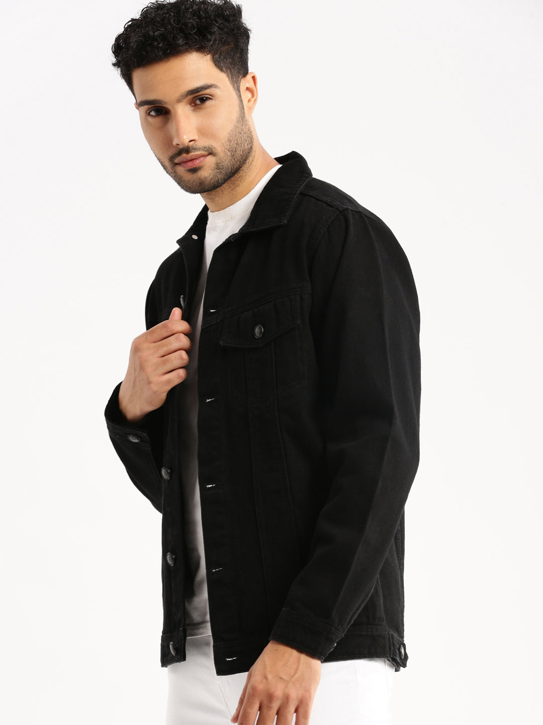 Men Black Spread Collar Solid Denim Jacket