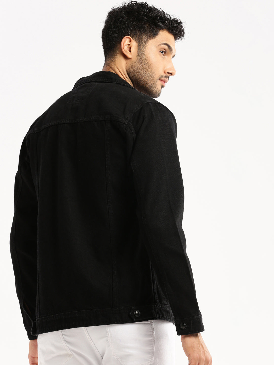 Men Black Spread Collar Solid Denim Jacket