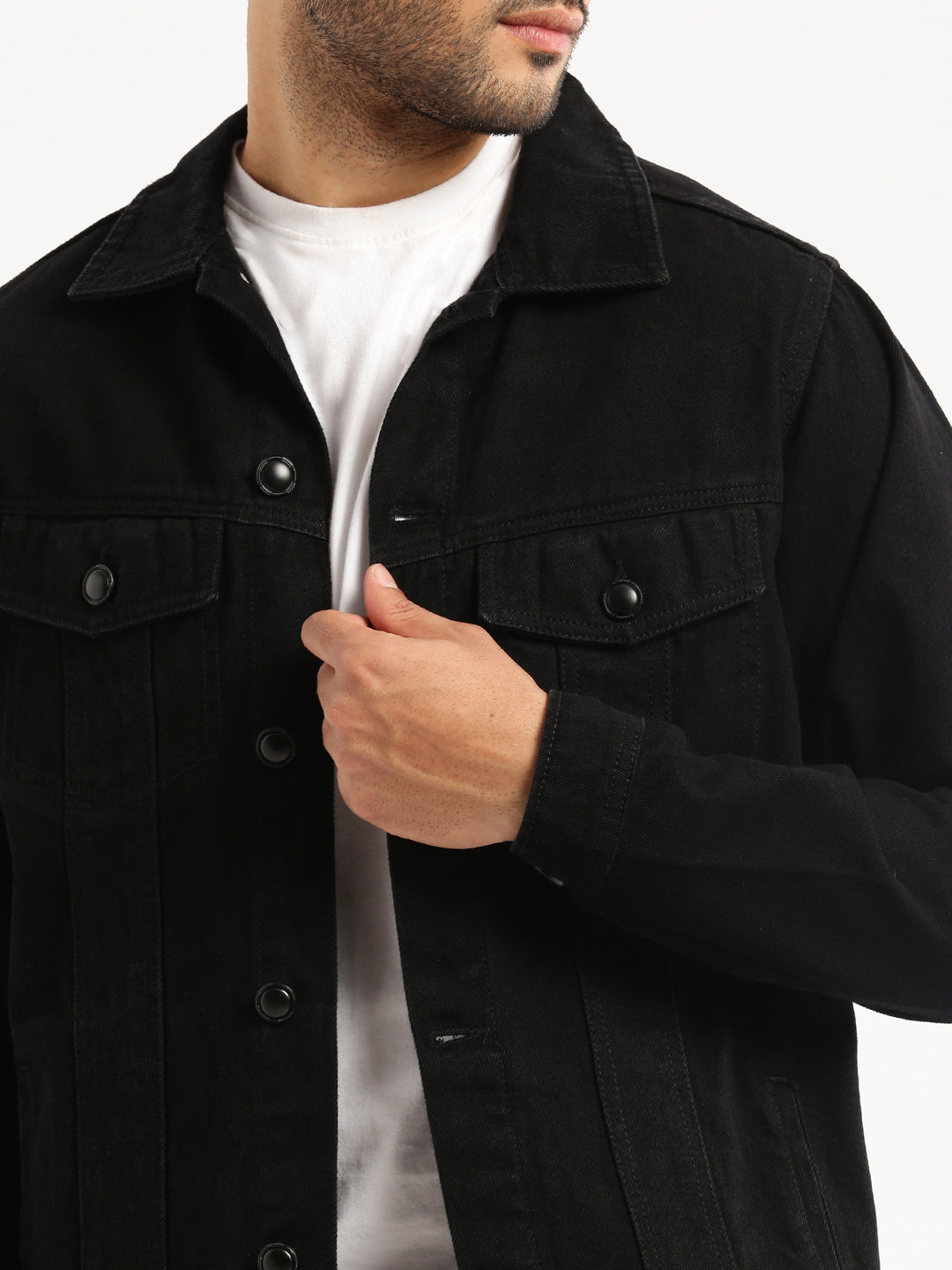 Men Black Spread Collar Solid Denim Jacket