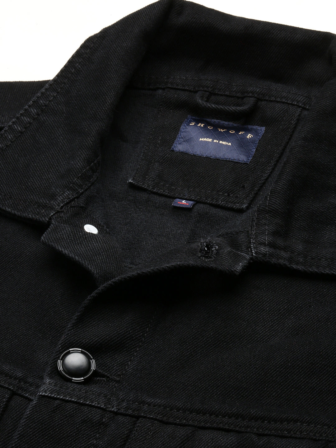Men Black Spread Collar Solid Denim Jacket