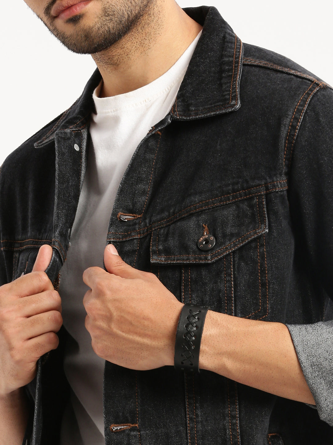 Men Charcoal Spread Collar Solid Denim Jacket