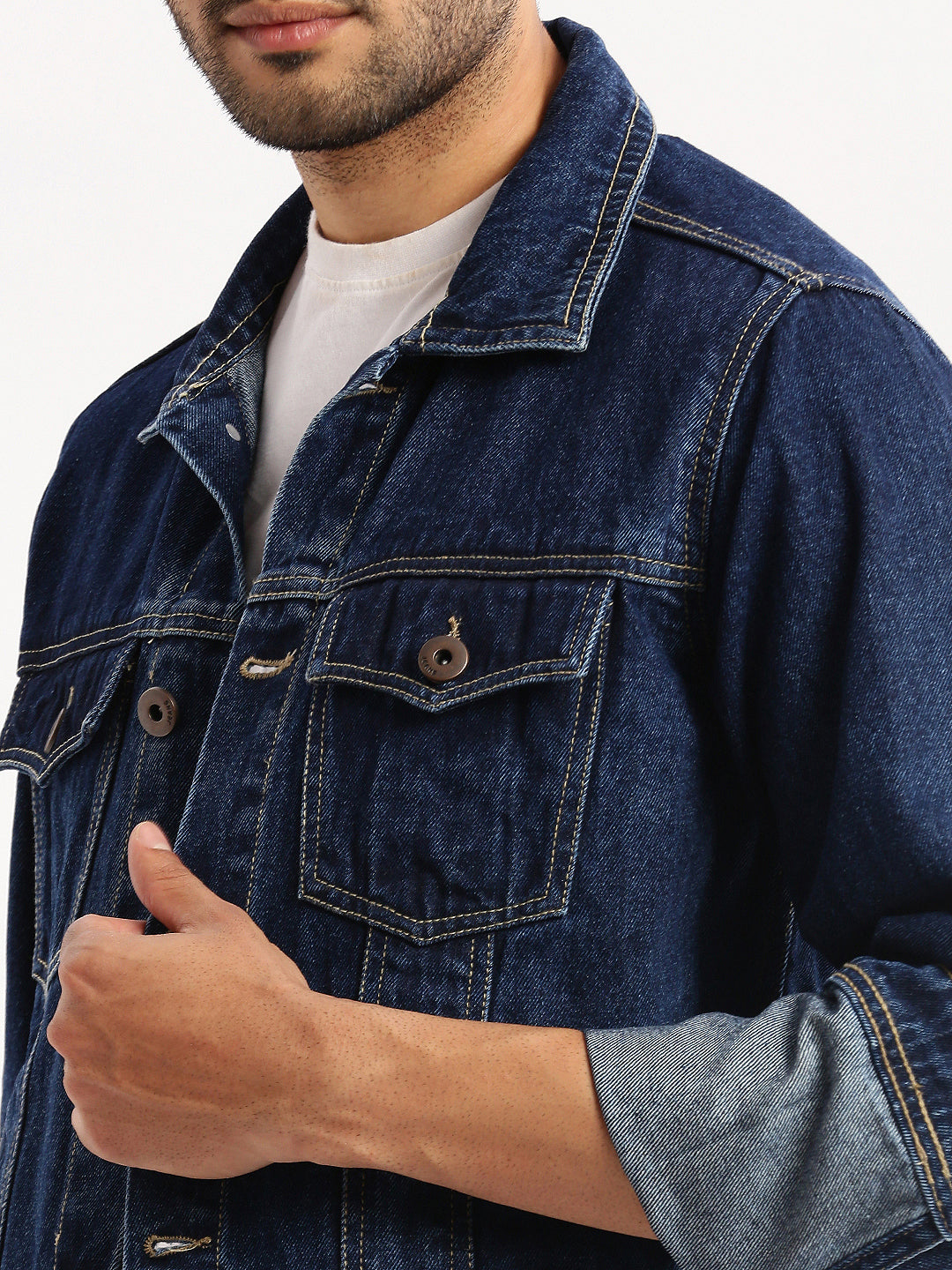Men Navy Blue Spread Collar Solid Denim Jacket