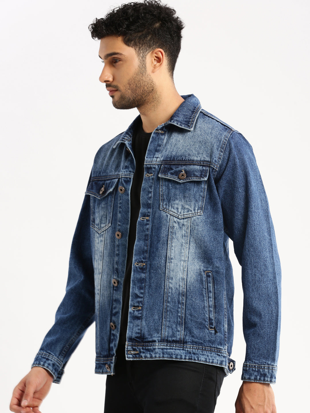 Men Blue Spread Collar Solid Denim Jacket