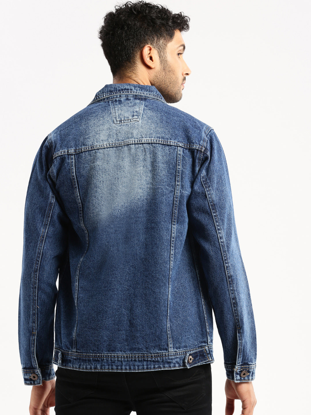 Men Blue Spread Collar Solid Denim Jacket