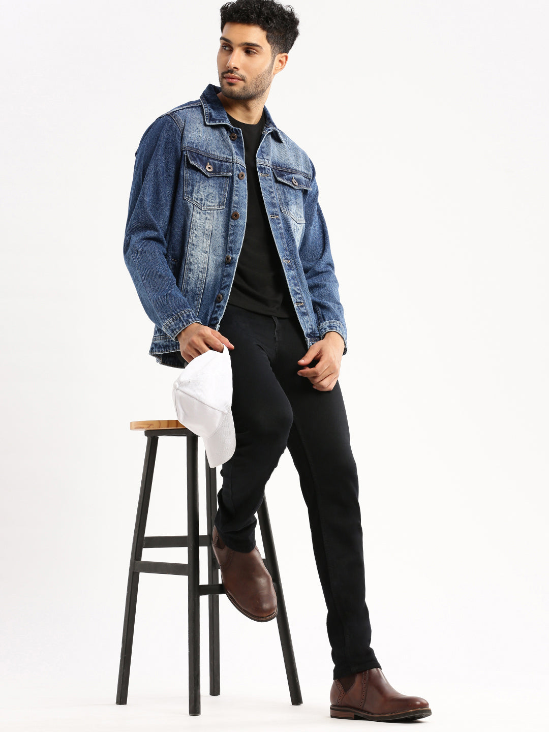 Men Blue Spread Collar Solid Denim Jacket