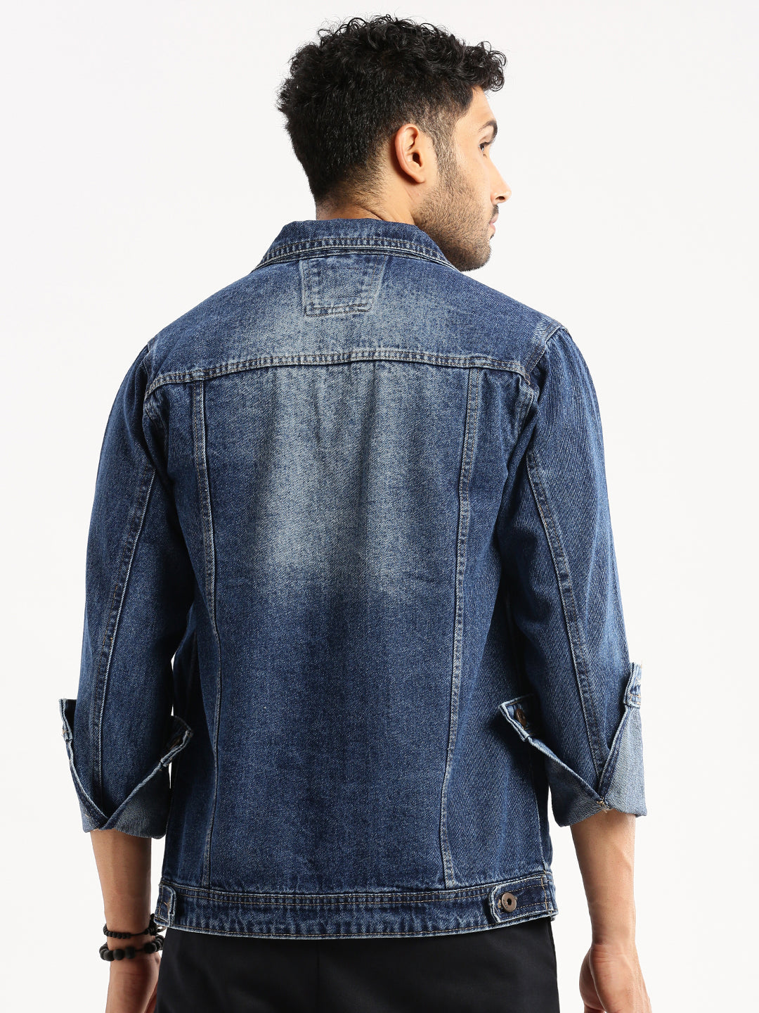 Men Blue Spread Collar Solid Denim Jacket