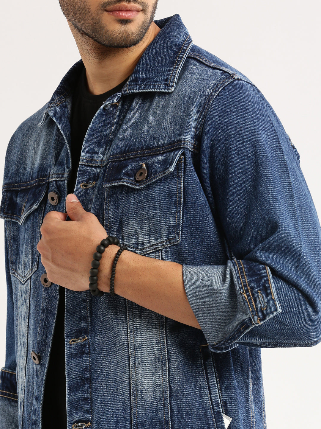 Men Blue Spread Collar Solid Denim Jacket