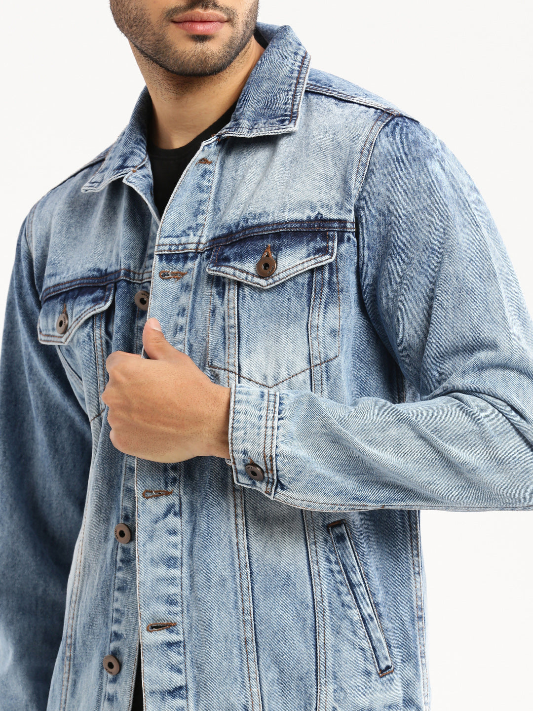 Men Blue Spread Collar Solid Denim Jacket