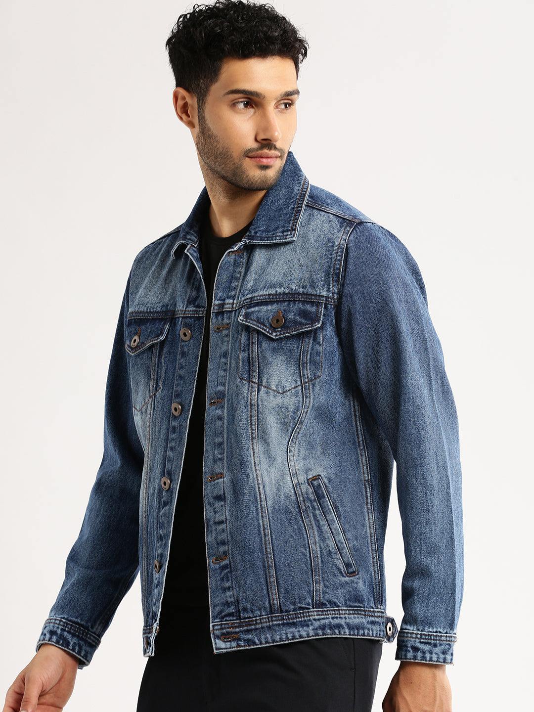 Men Blue Spread Collar Solid Denim Jacket