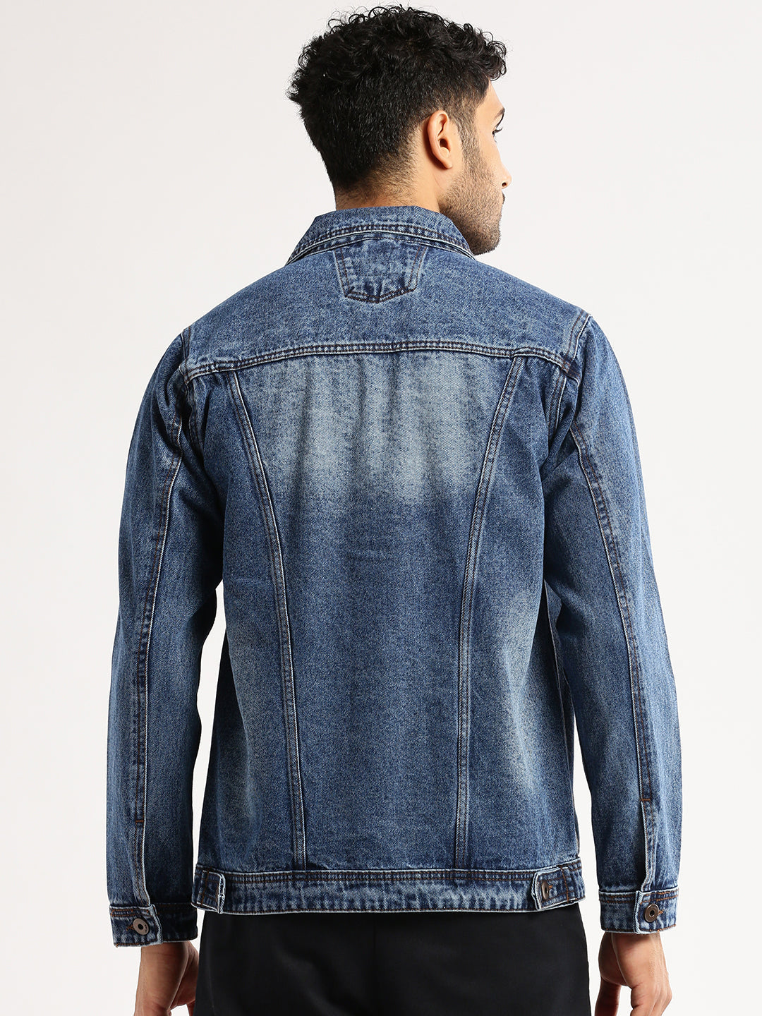 Men Blue Spread Collar Solid Denim Jacket