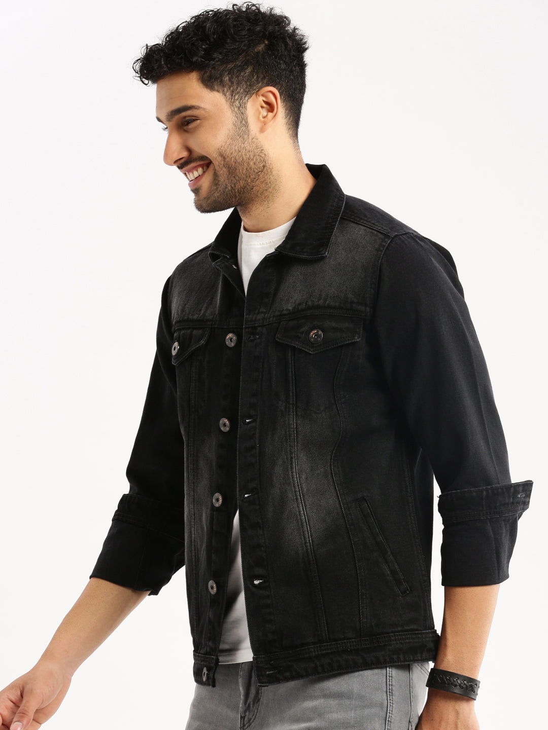 Men Charcoal Spread Collar Solid Denim Jacket