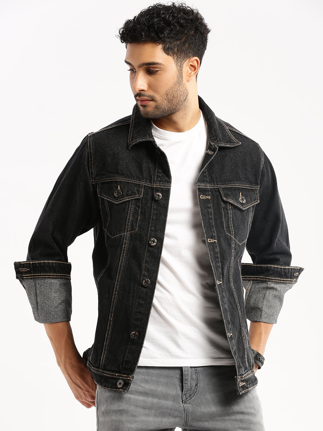 Men Charcoal Spread Collar Solid Denim Jacket