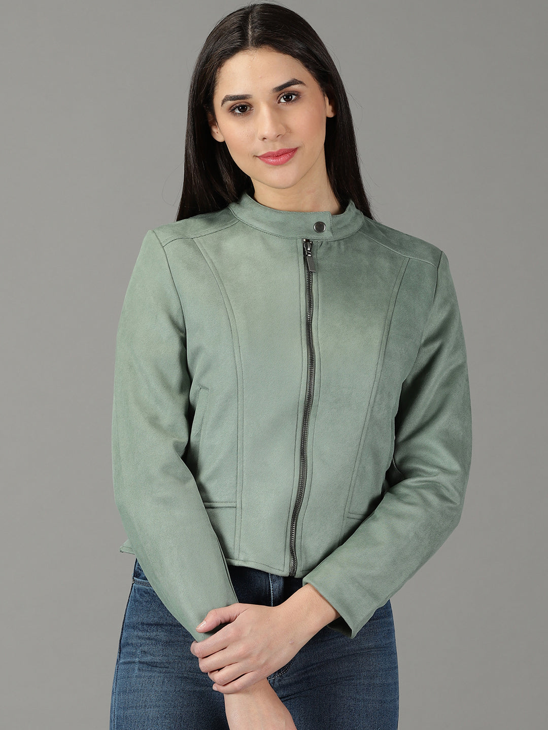 Women's Sea Green Solid Open Front Jacket