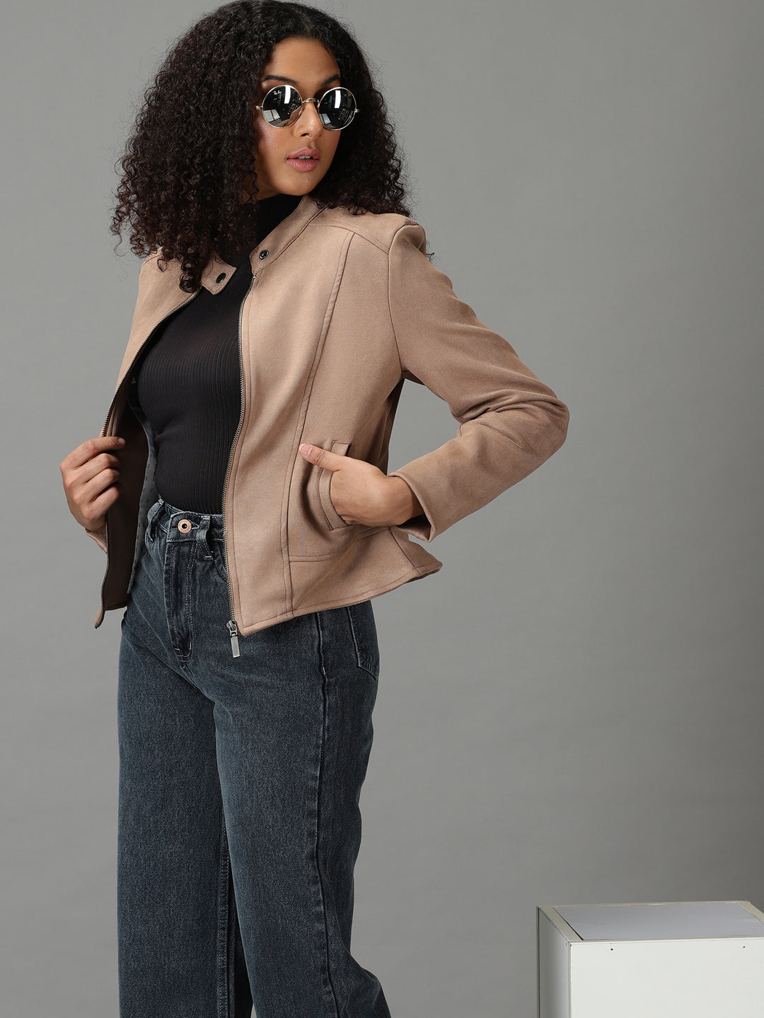 Women's Taupe Solid Open Front Jacket