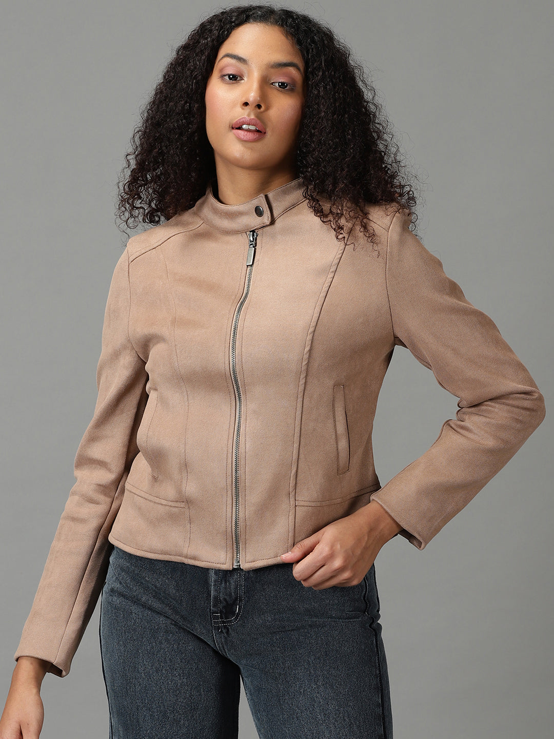 Women's Taupe Solid Open Front Jacket