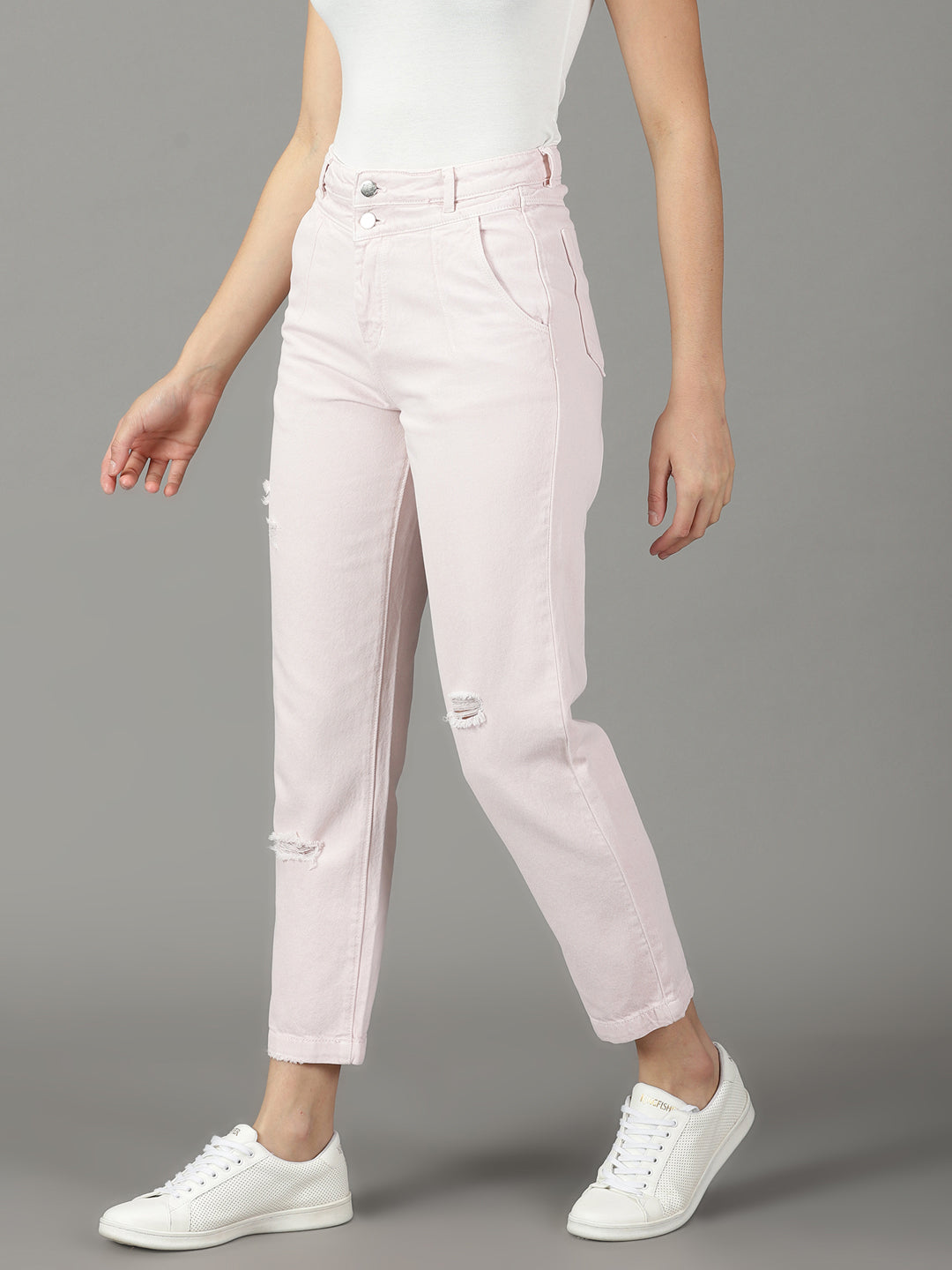 Women's Peach Solid Relaxed Fit Denim Jeans