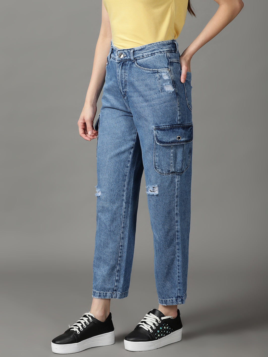 Women's Blue Solid Dad Fit Denim Jeans