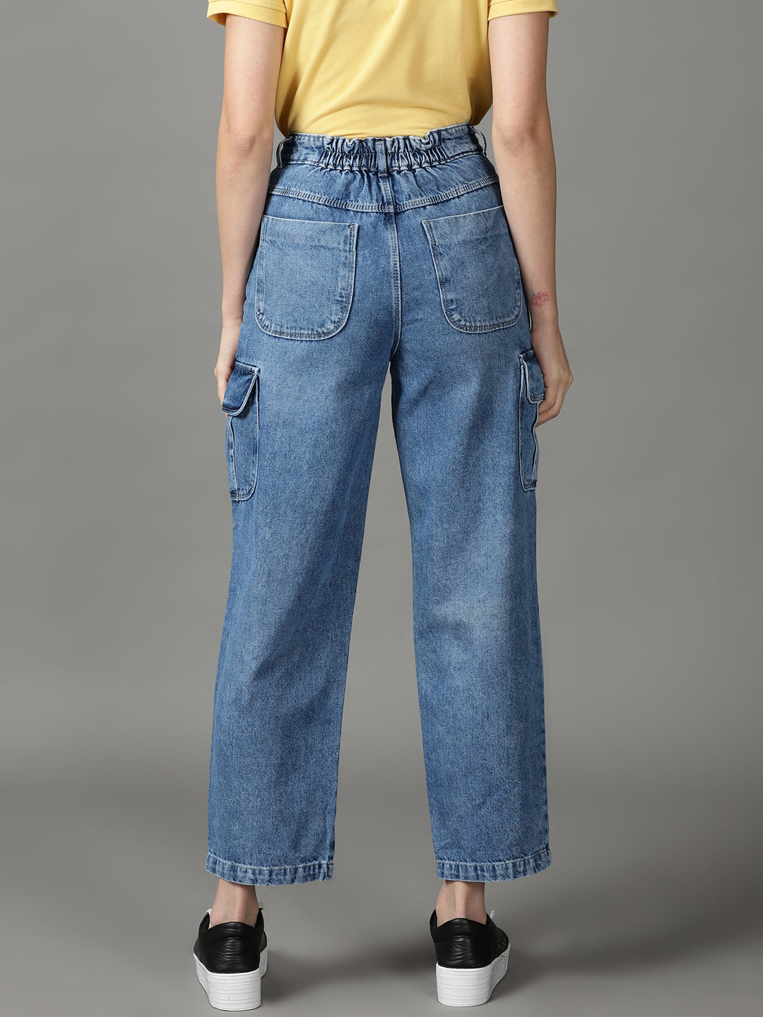 Women's Blue Solid Dad Fit Denim Jeans
