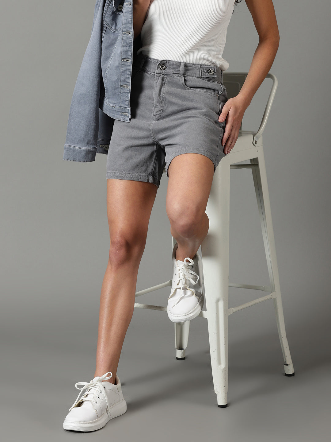 Women's Grey Solid Denim Short