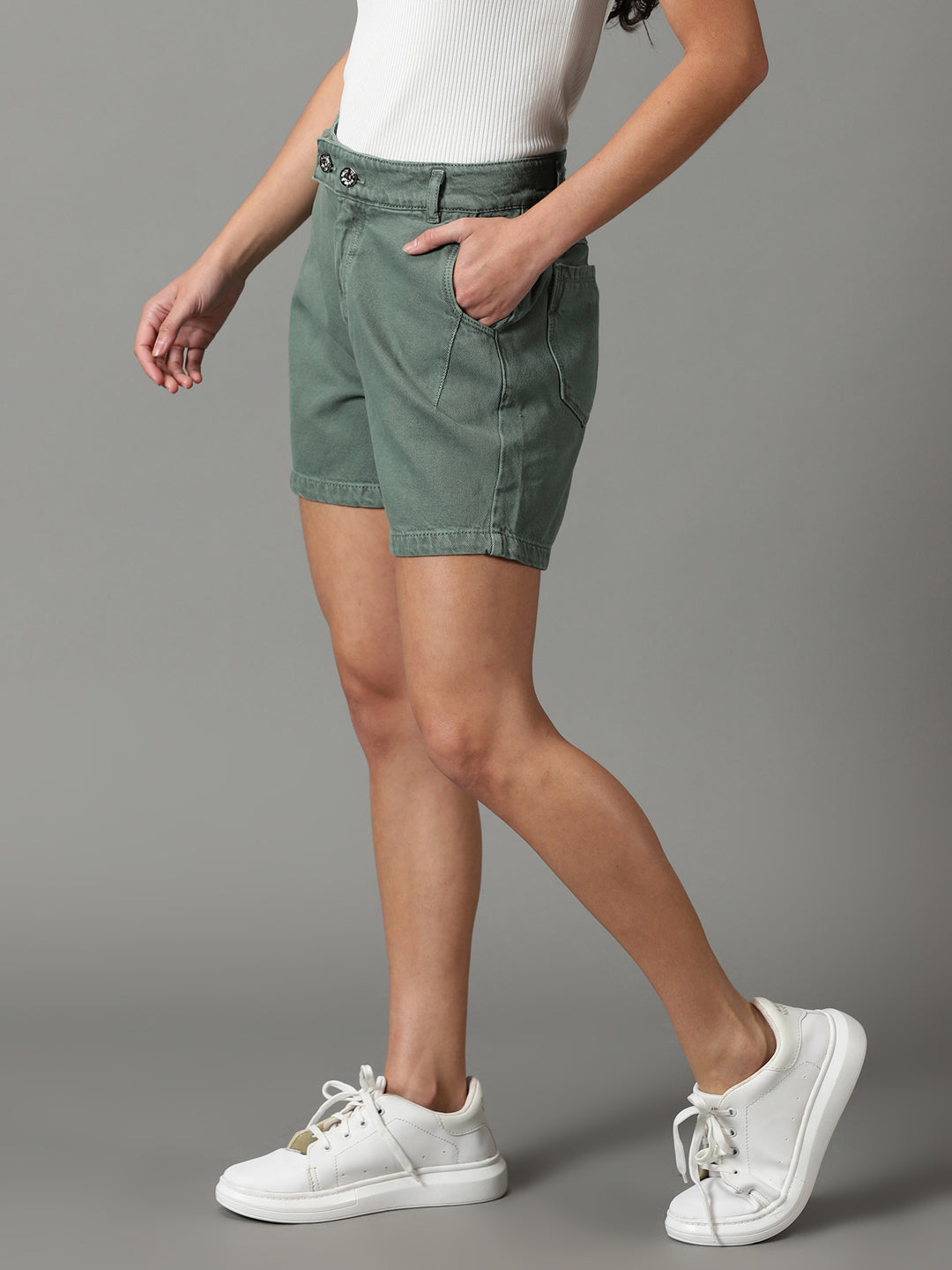 Women's Green Solid Denim Short