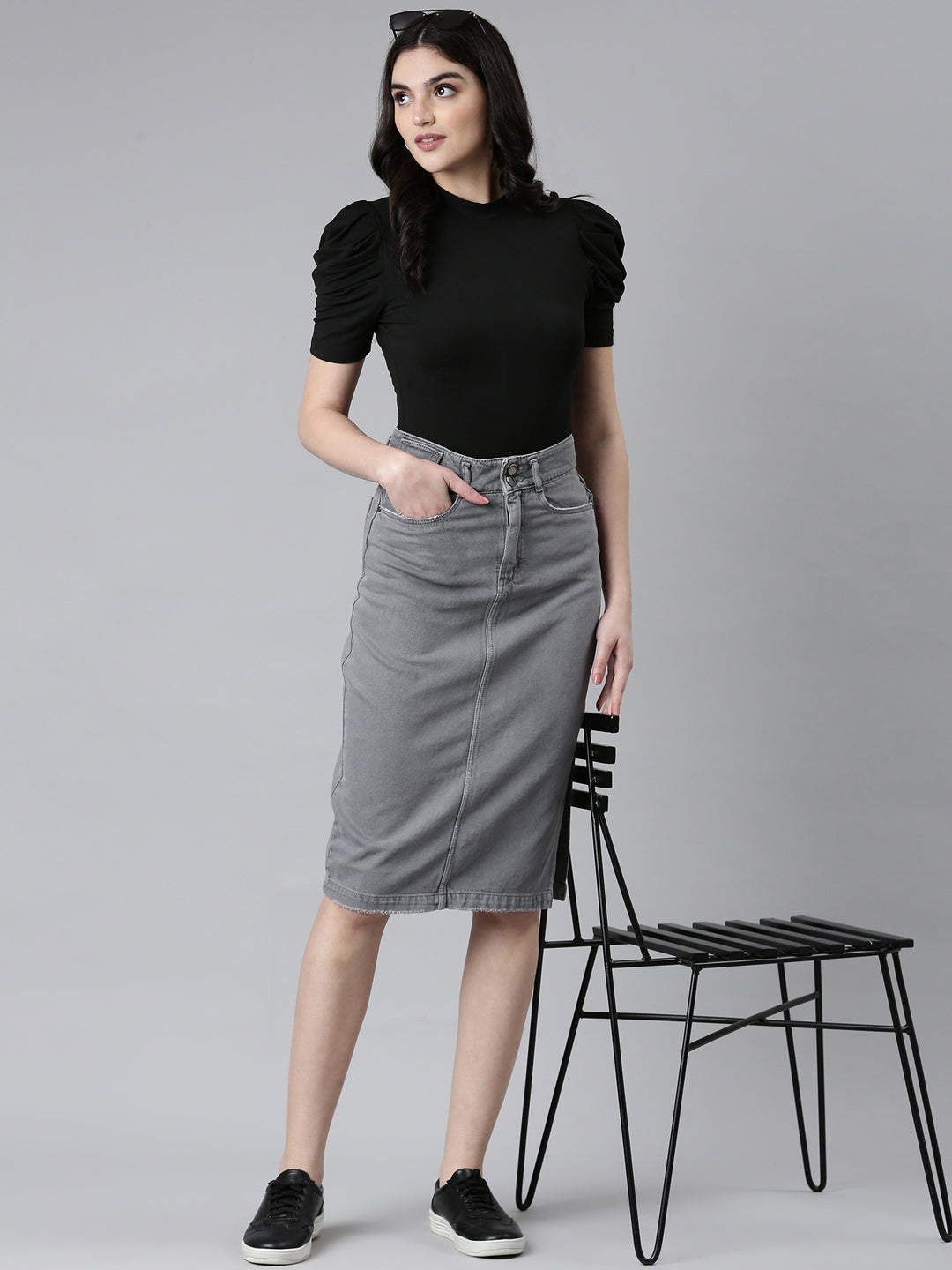Women Grey Solid A-Line Skirt