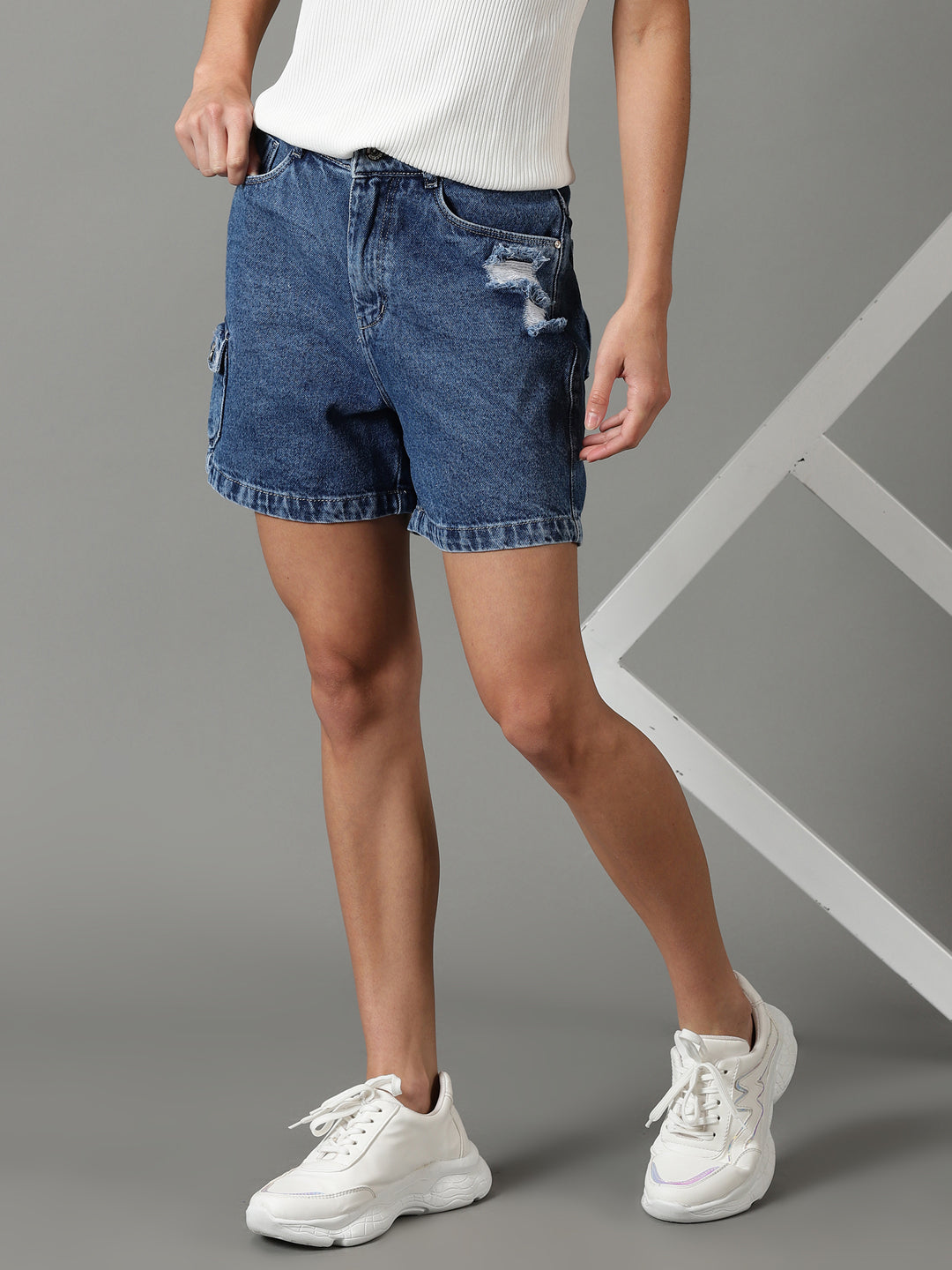 Women's Blue Solid Denim Short