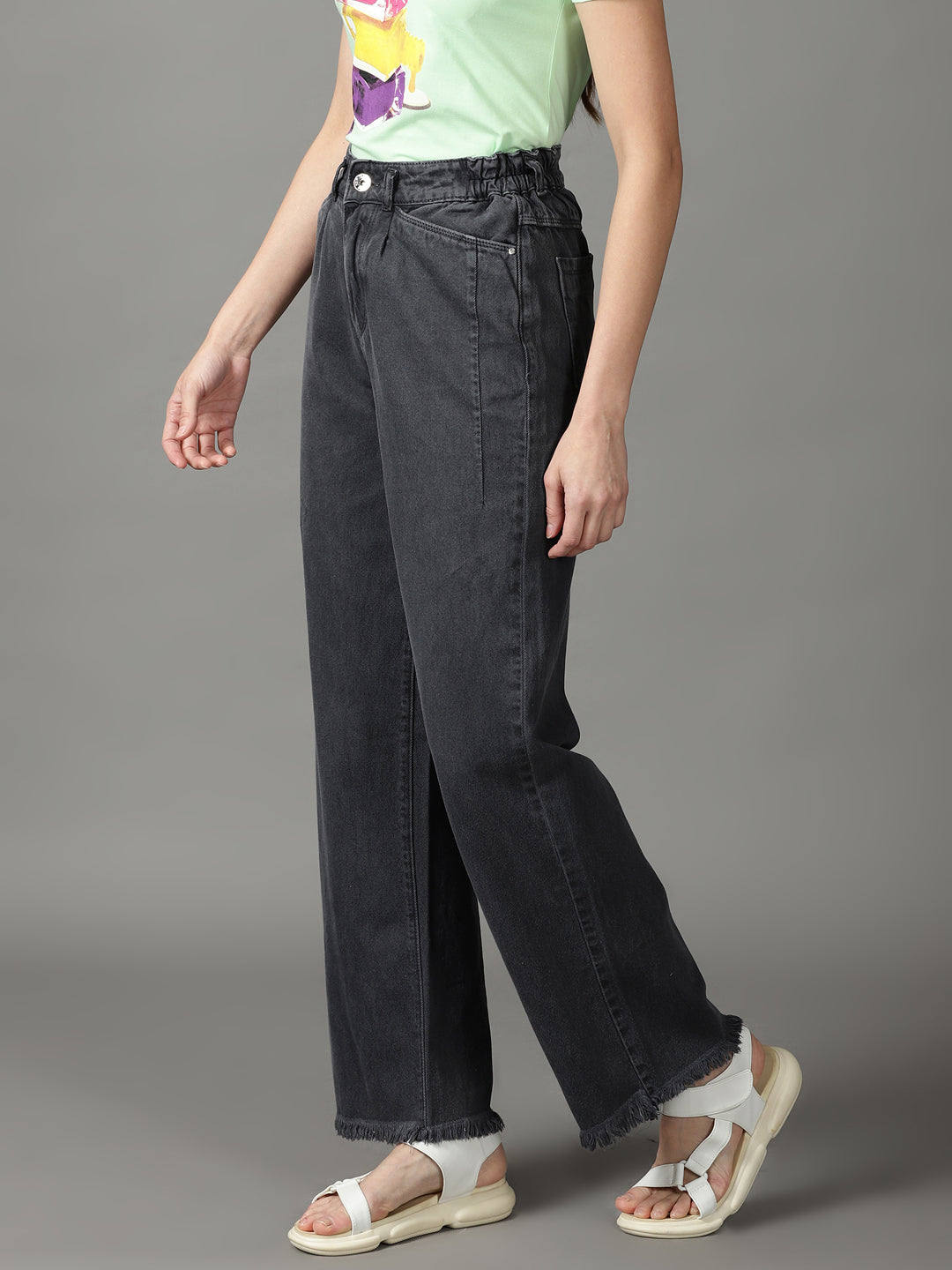 Women's Grey Solid Wide Leg Denim Jeans