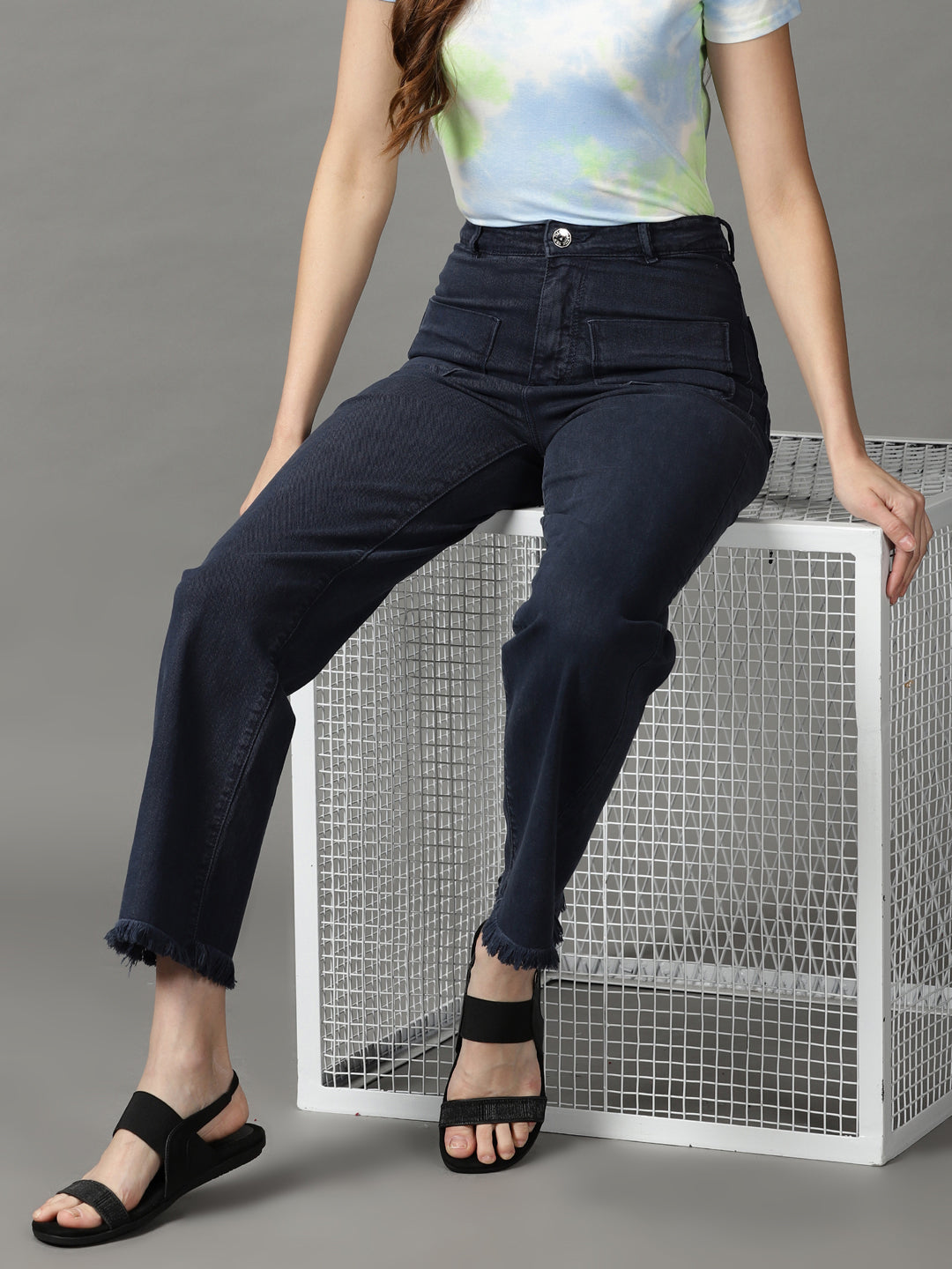 Women's Navy Blue Solid Wide Leg Denim Jeans