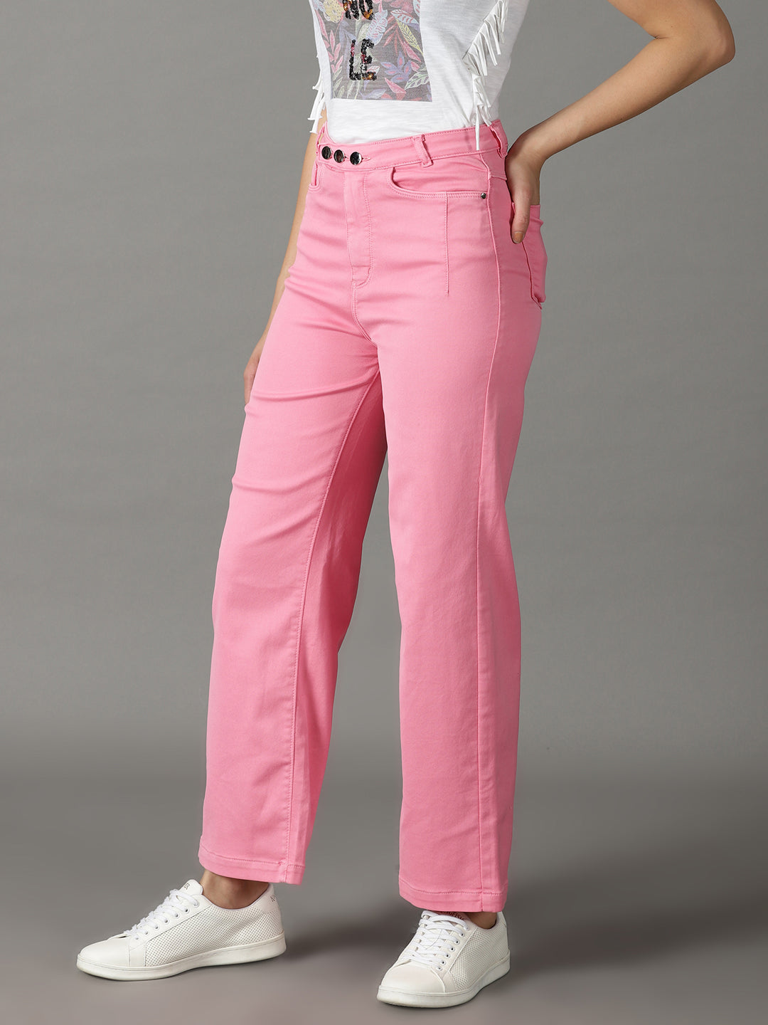 Women's Pink Solid Wide Leg Denim Jeans