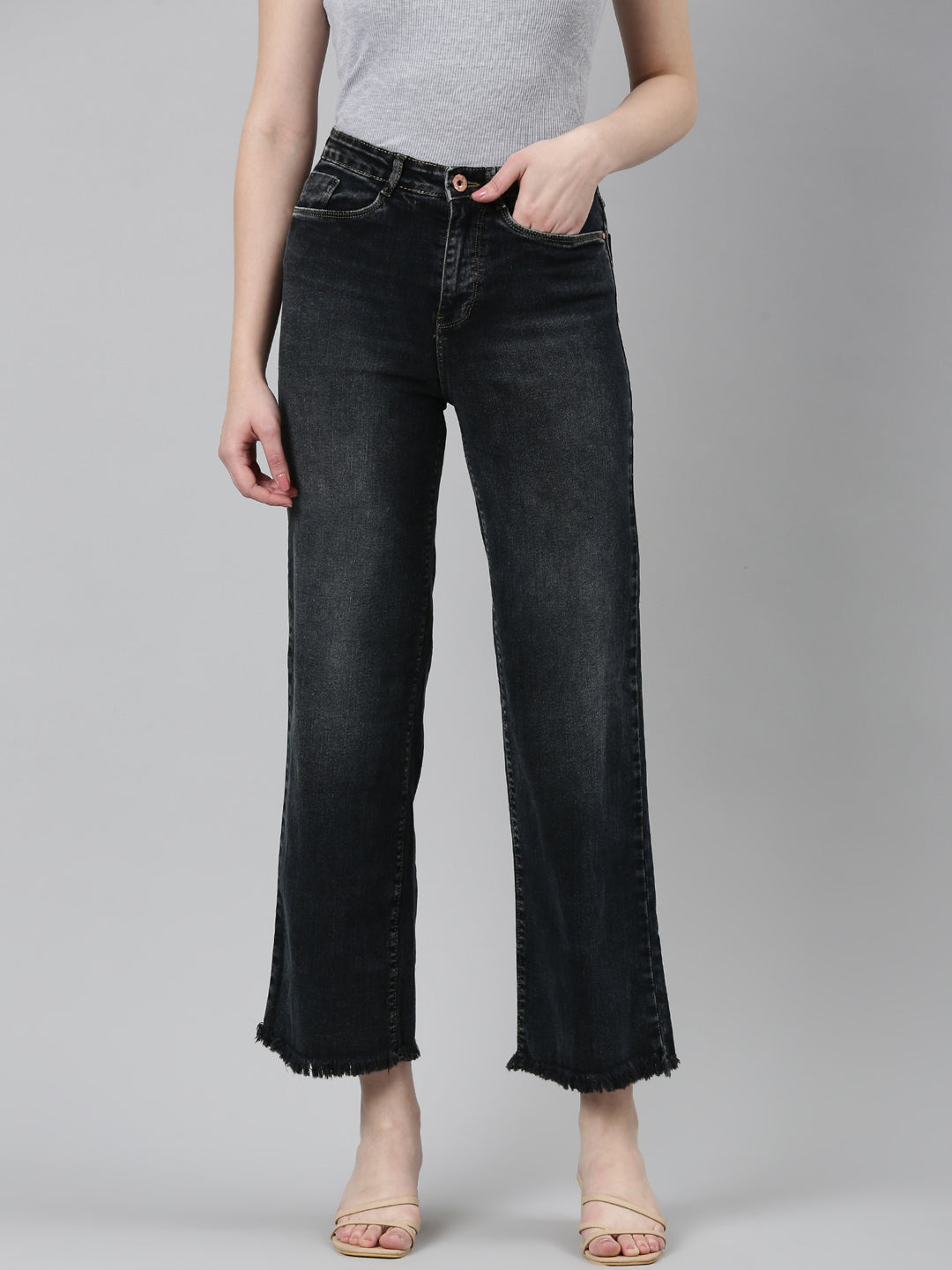 Women Charcoal Solid Mom Fit Denim Jeans