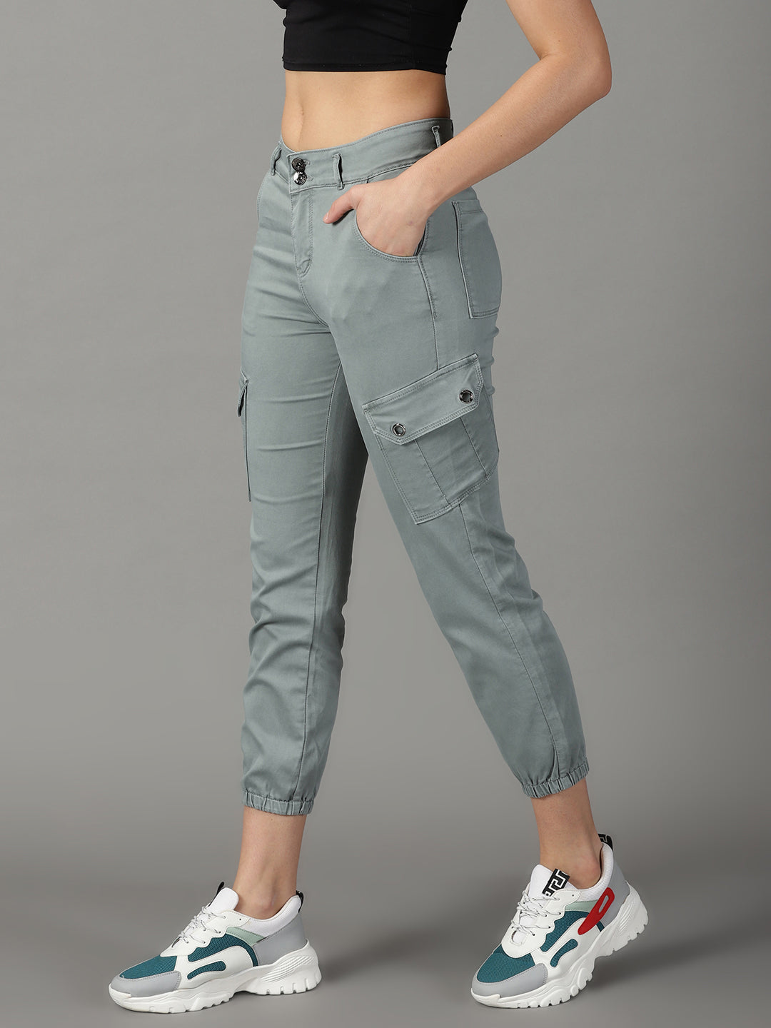 Women's Grey Solid Jogger Denim Jeans