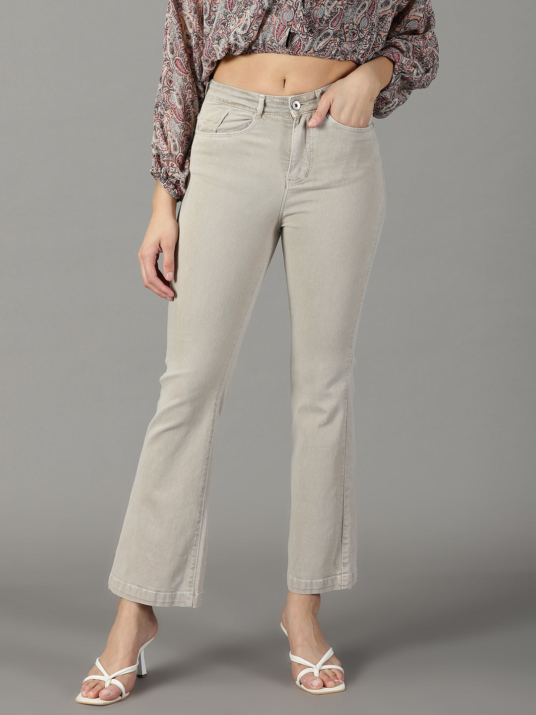 Women's Beige Solid Bootcut Denim Jeans
