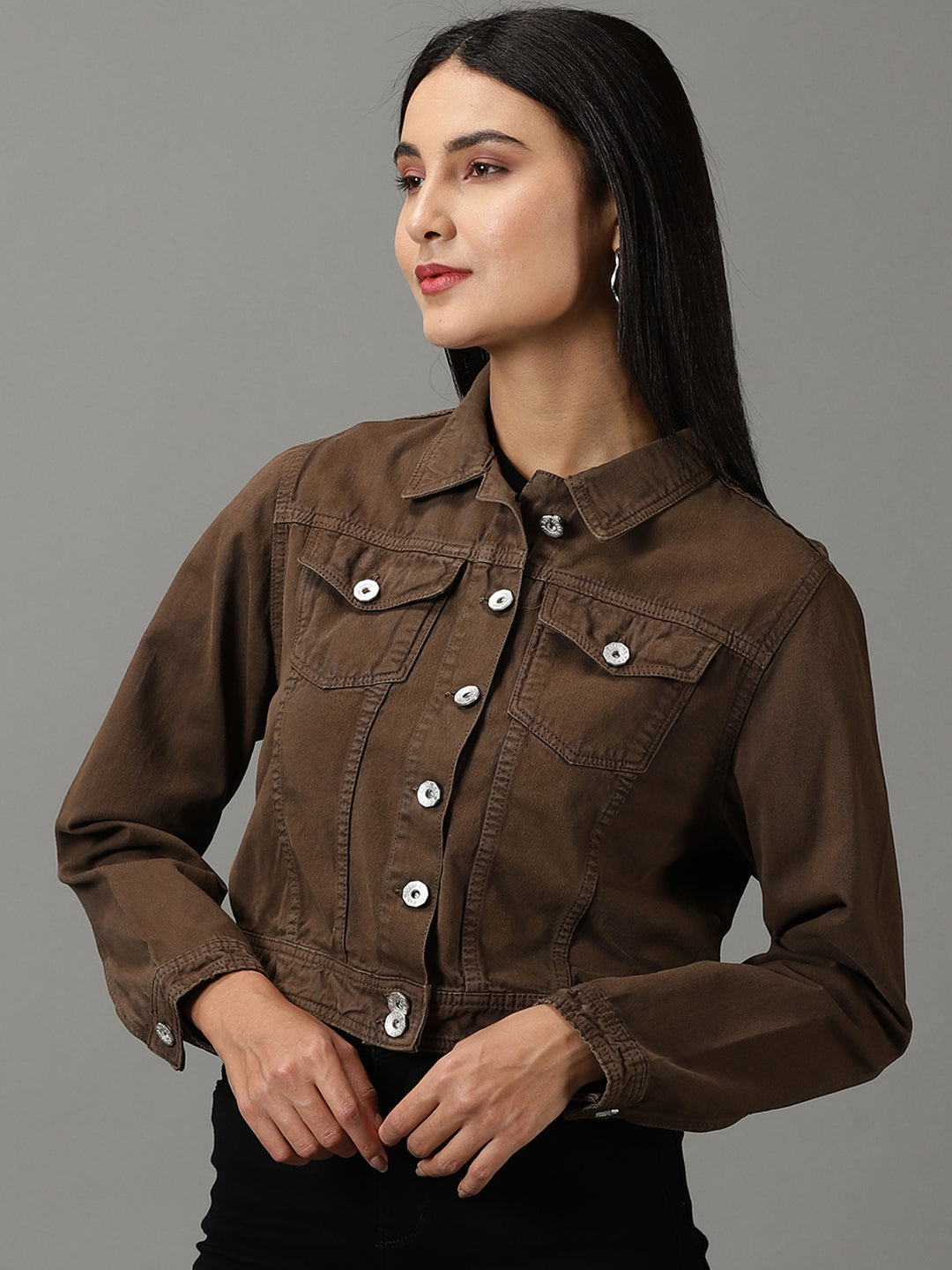 Women's Brown Solid Denim Jacket