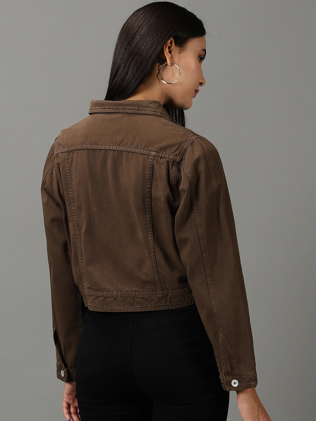 Women's Brown Solid Denim Jacket