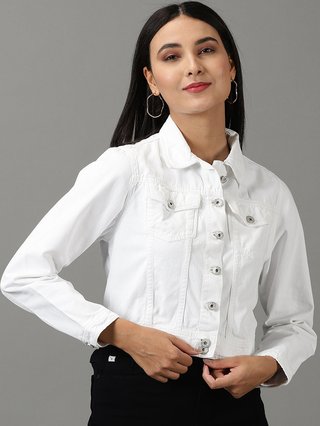 Women's White Solid Denim Jacket