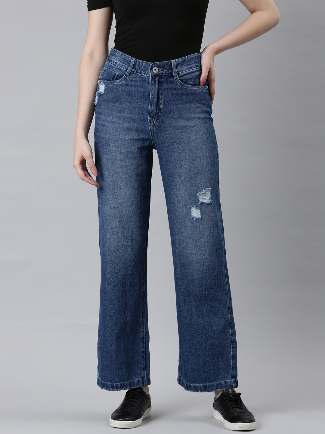 Women Blue Solid Wide Leg Denim Jeans