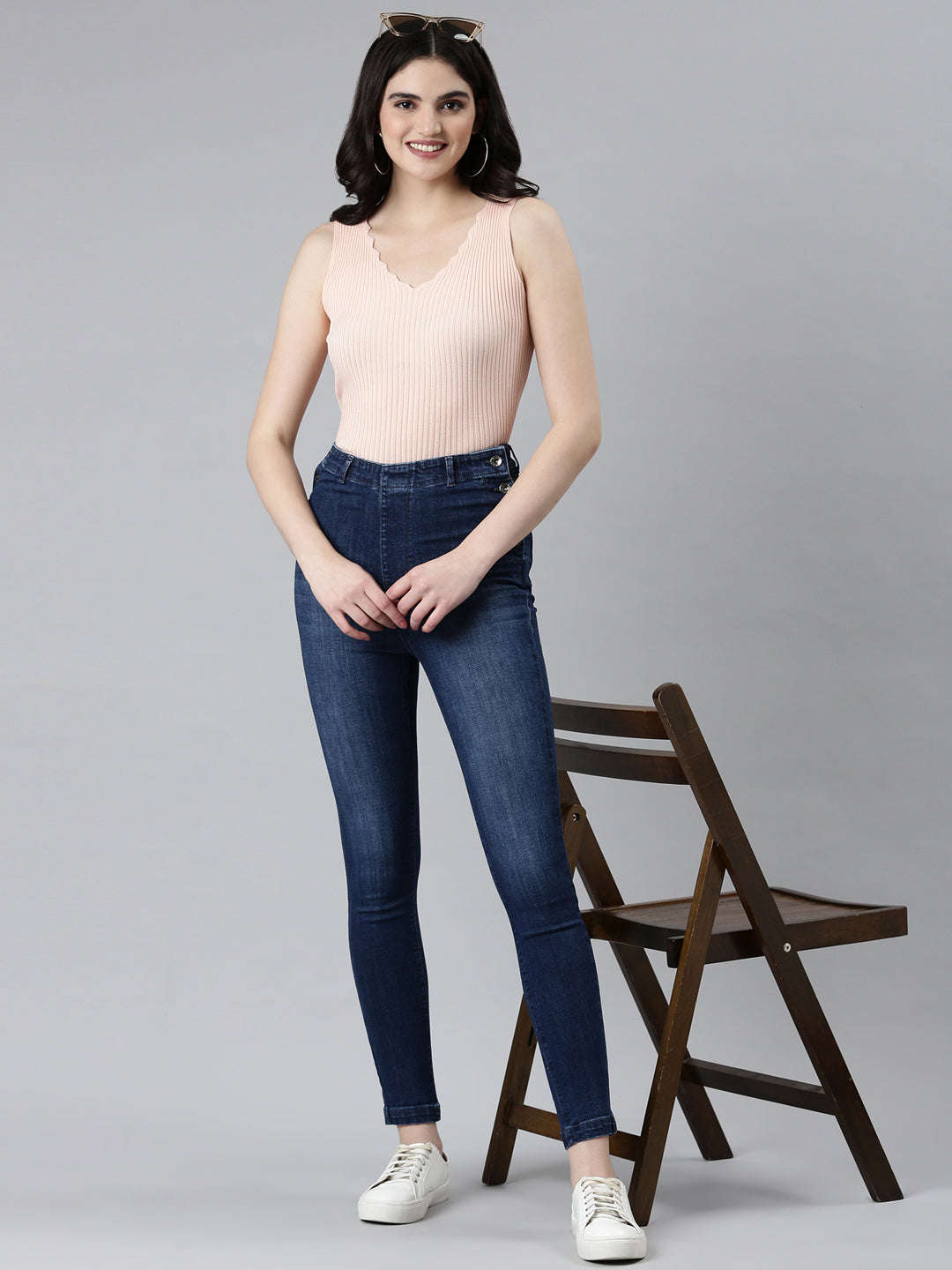 Women Navy Blue Solid Skinny Fit Denim Jeans