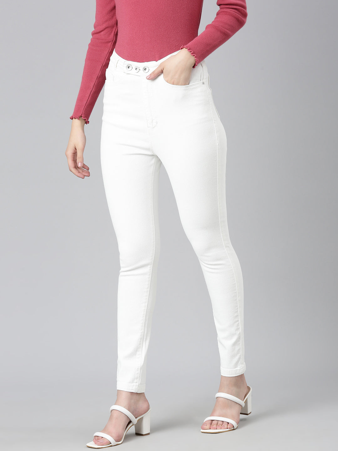 Women White Solid Skinny Fit Denim Jeans