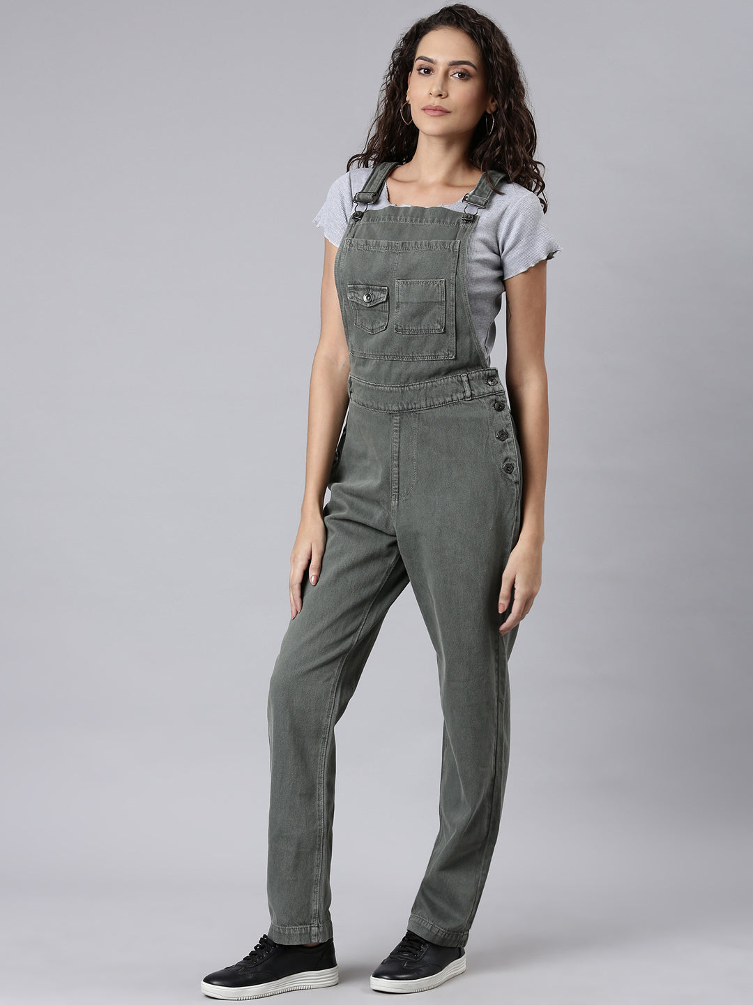 Women Olive Solid Dungaree