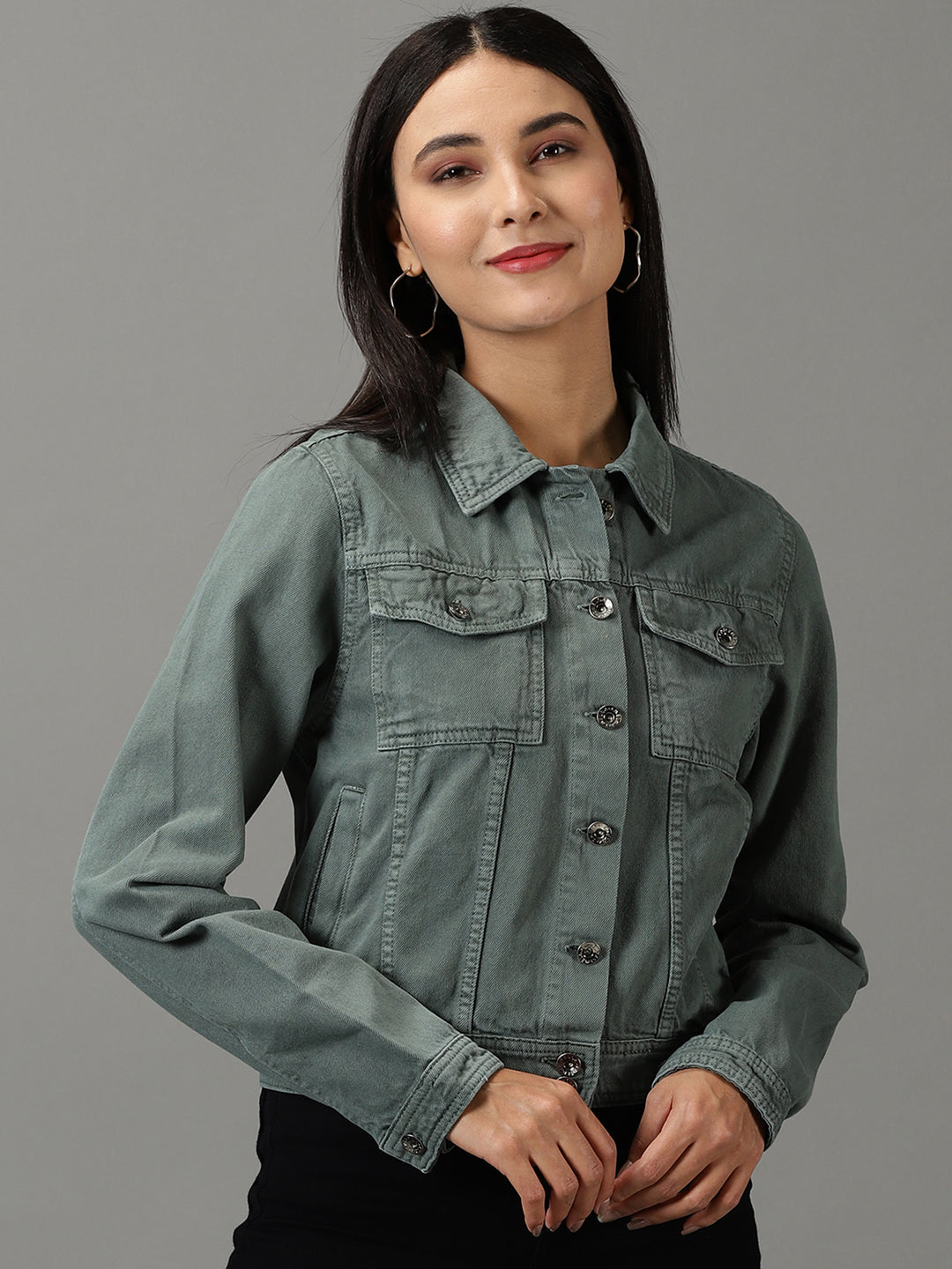 Women's Green Solid Denim Jacket