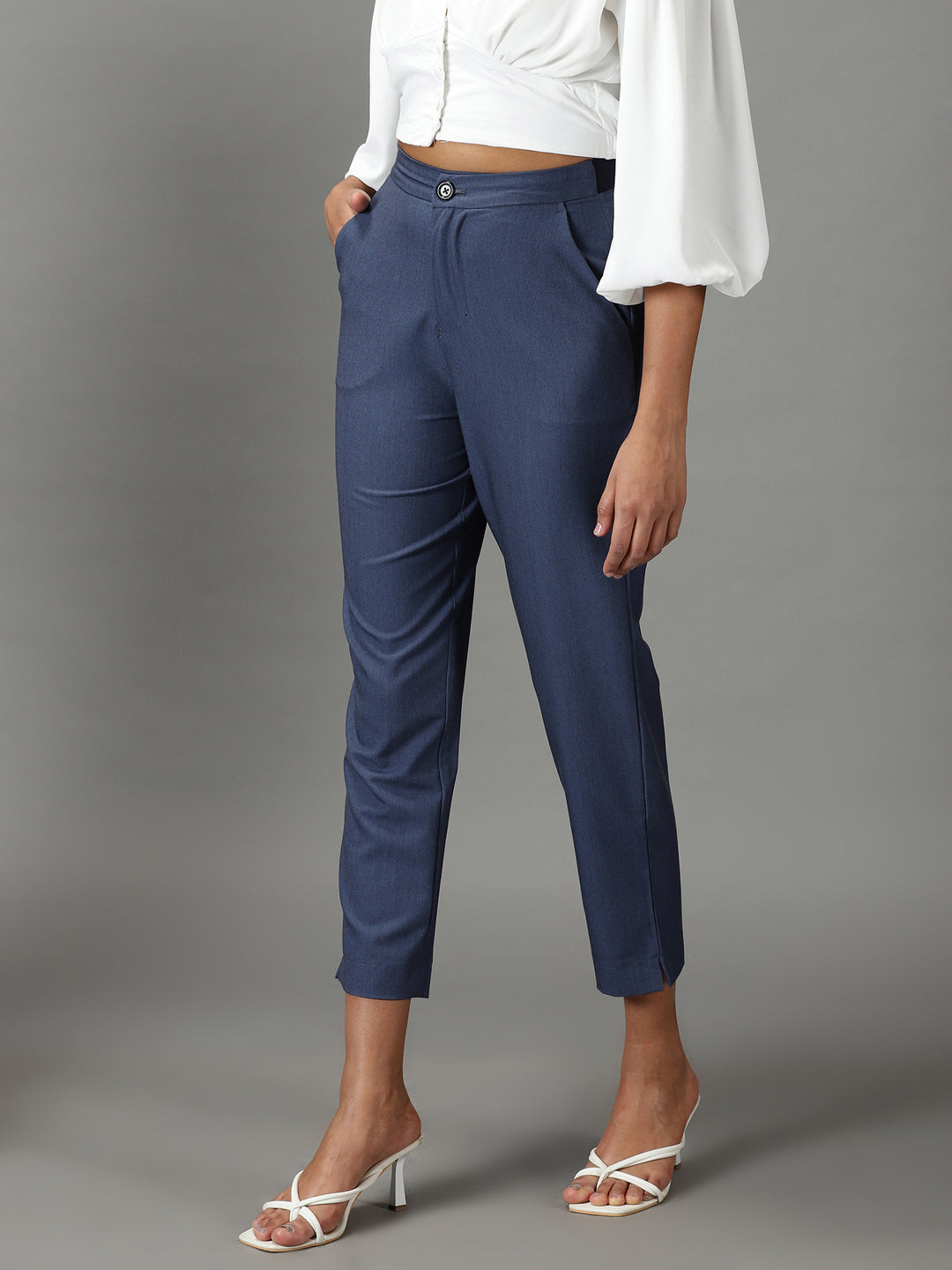 Women's Blue Solid Formal Trouser