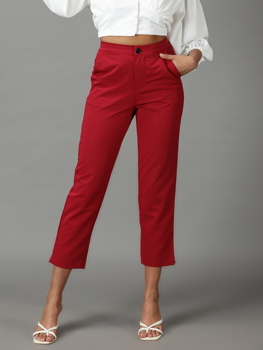 Women's Maroon Solid Formal Trouser