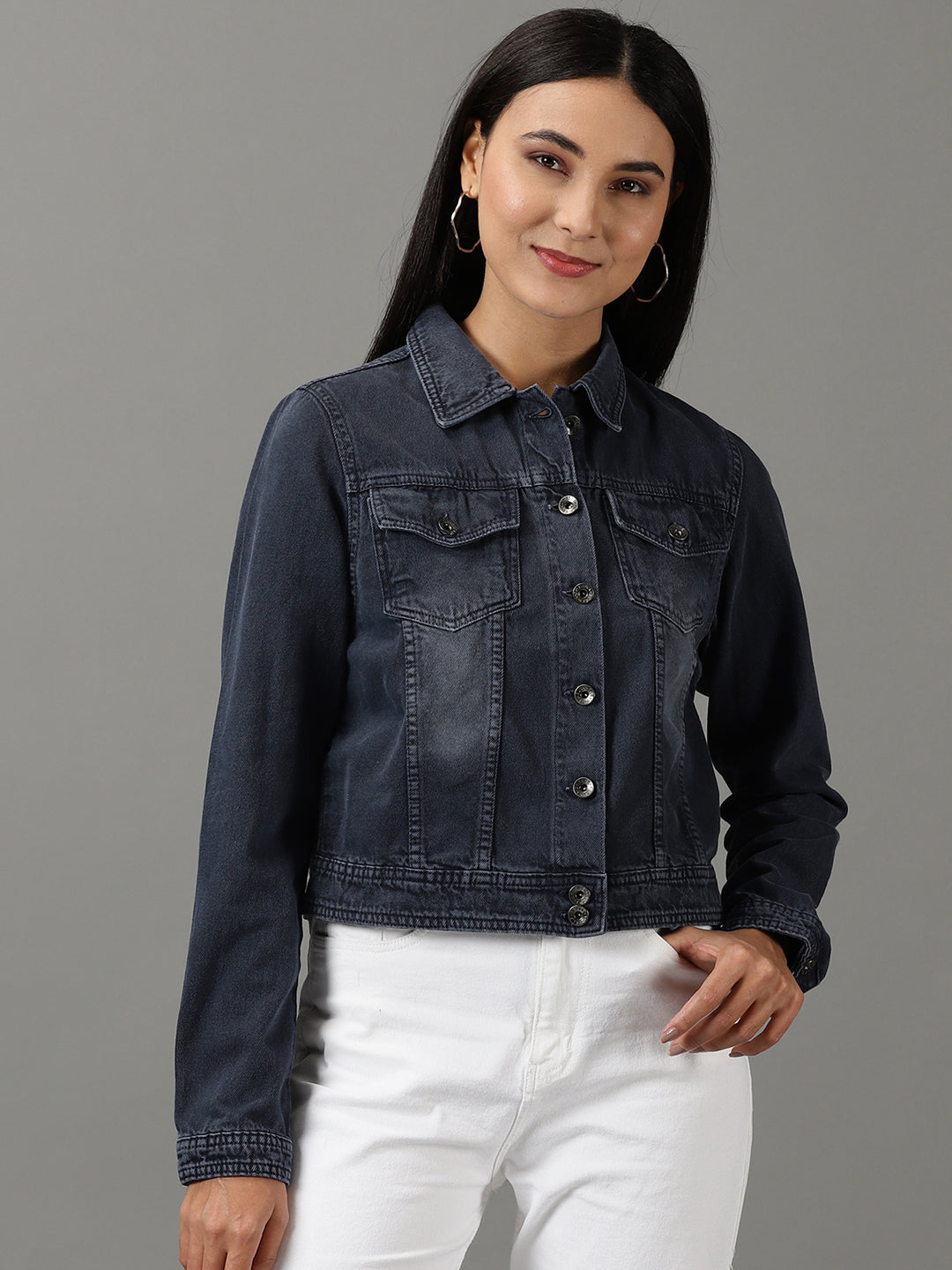 Women's Navy Blue Solid Denim Jacket