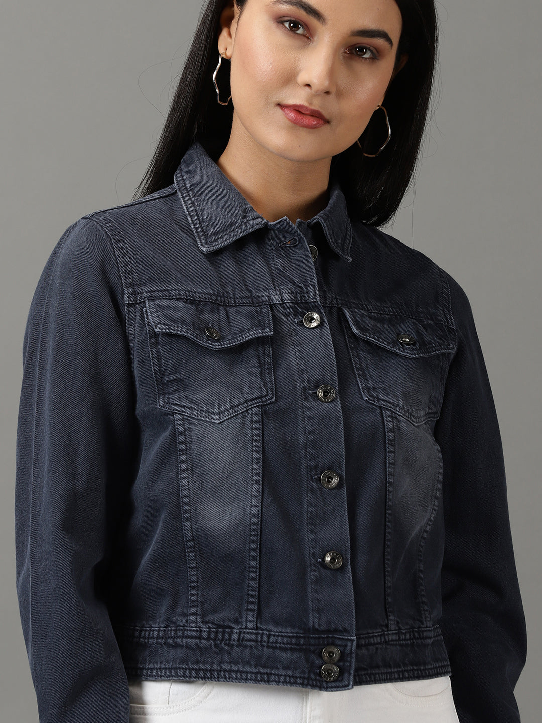 Women's Navy Blue Solid Denim Jacket